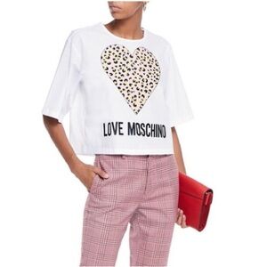 LOVE MOSCHINO Women’s Cropped Leopard Heart Graphic Tee - Size 8 - New